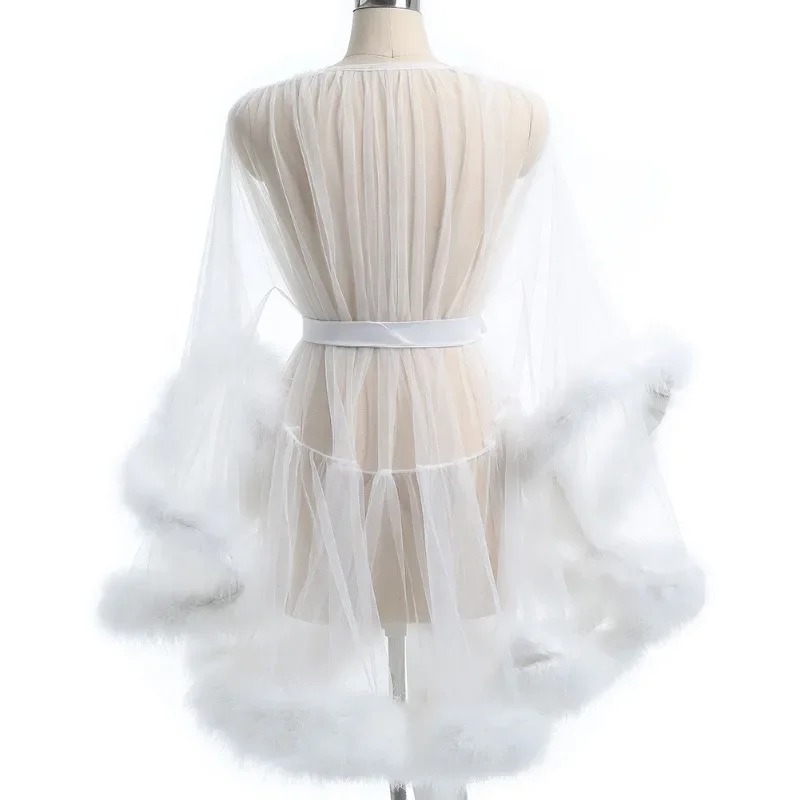 Large Size Sex Fur Bathrobe with Seductive Mesh Perspective, Bridal Passionate Waist Tightening Robe, Dressing Gown
