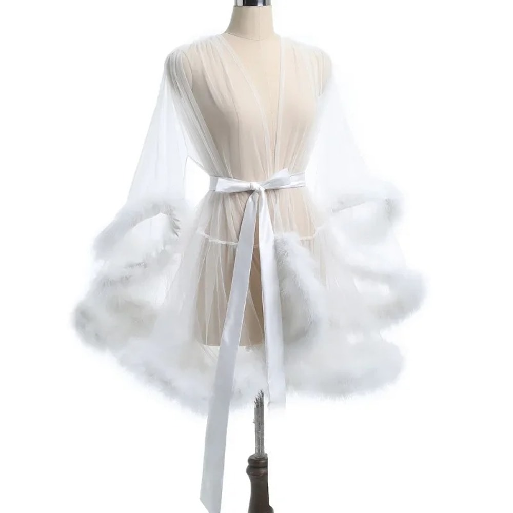 Large Size Sex Fur Bathrobe with Seductive Mesh Perspective, Bridal Passionate Waist Tightening Robe, Dressing Gown