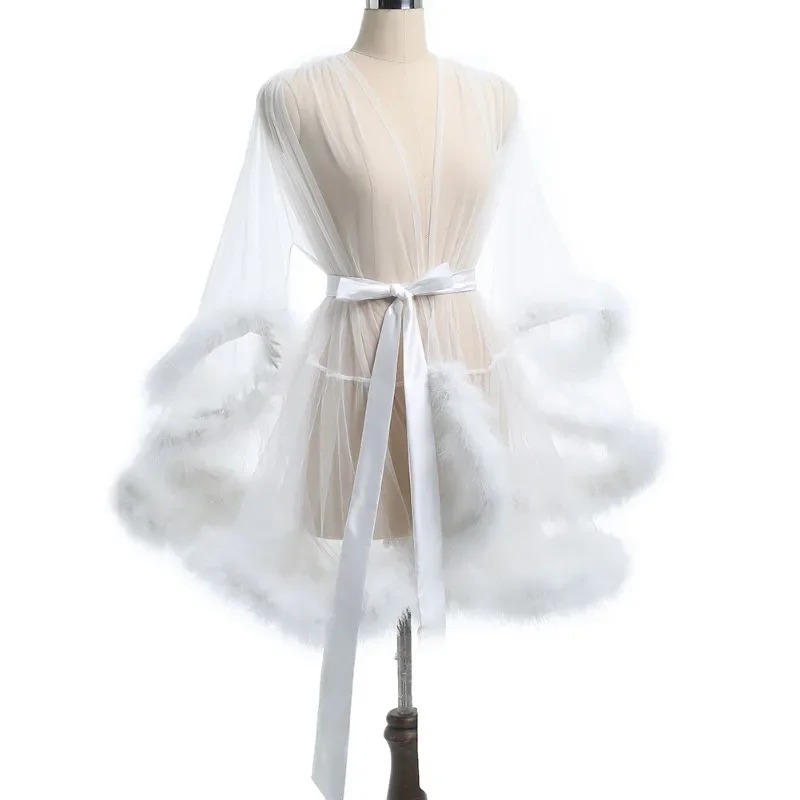 Large Size Sex Fur Bathrobe with Seductive Mesh Perspective, Bridal Passionate Waist Tightening Robe, Dressing Gown