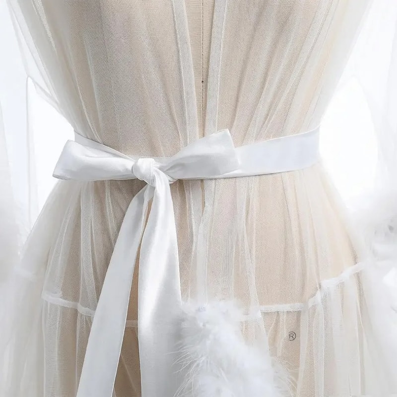 Large Size Sex Fur Bathrobe with Seductive Mesh Perspective, Bridal Passionate Waist Tightening Robe, Dressing Gown