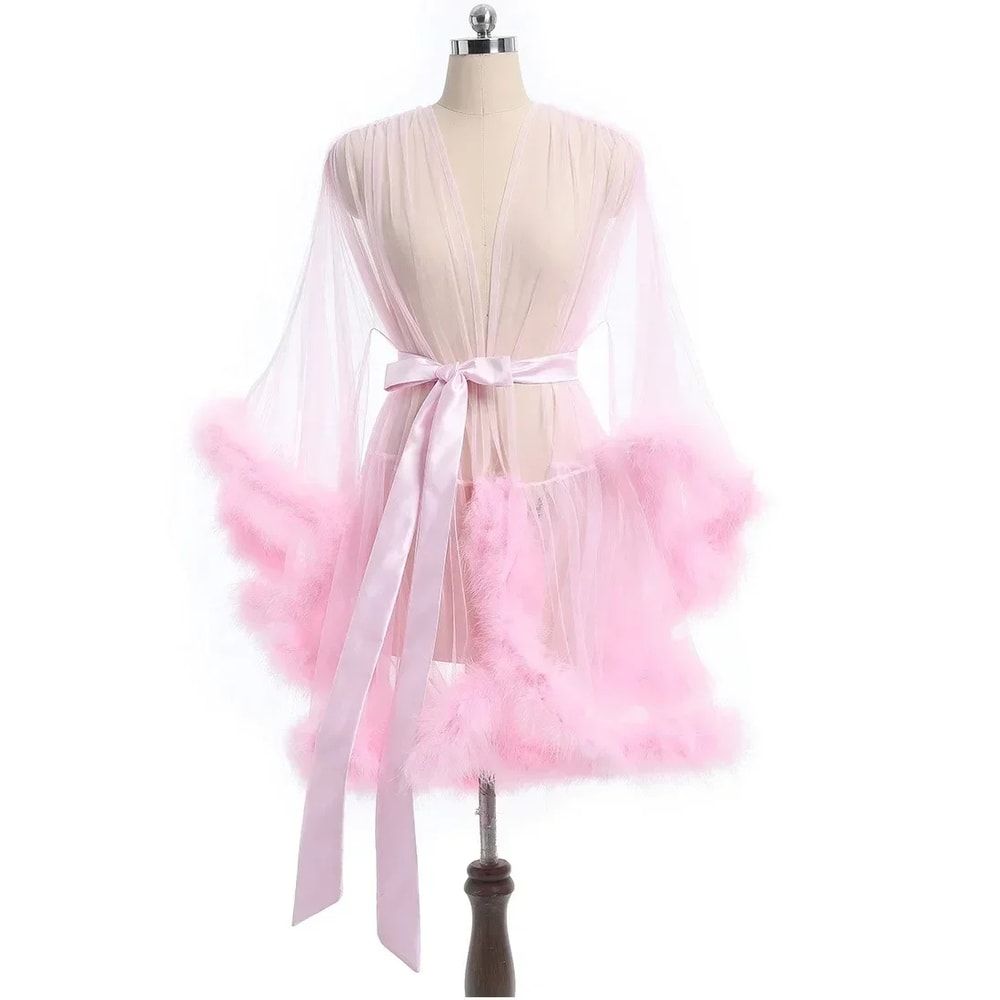 Large Size Sex Fur Bathrobe with Seductive Mesh Perspective, Bridal Passionate Waist Tightening Robe, Dressing Gown