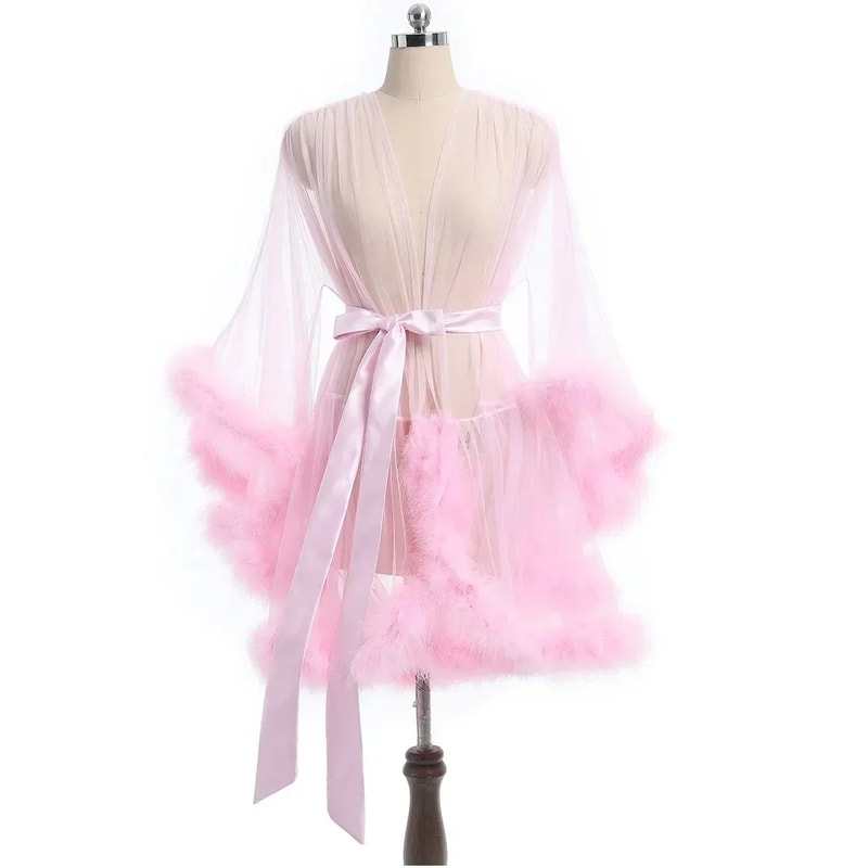 Large Size Sex Fur Bathrobe with Seductive Mesh Perspective, Bridal Passionate Waist Tightening Robe, Dressing Gown