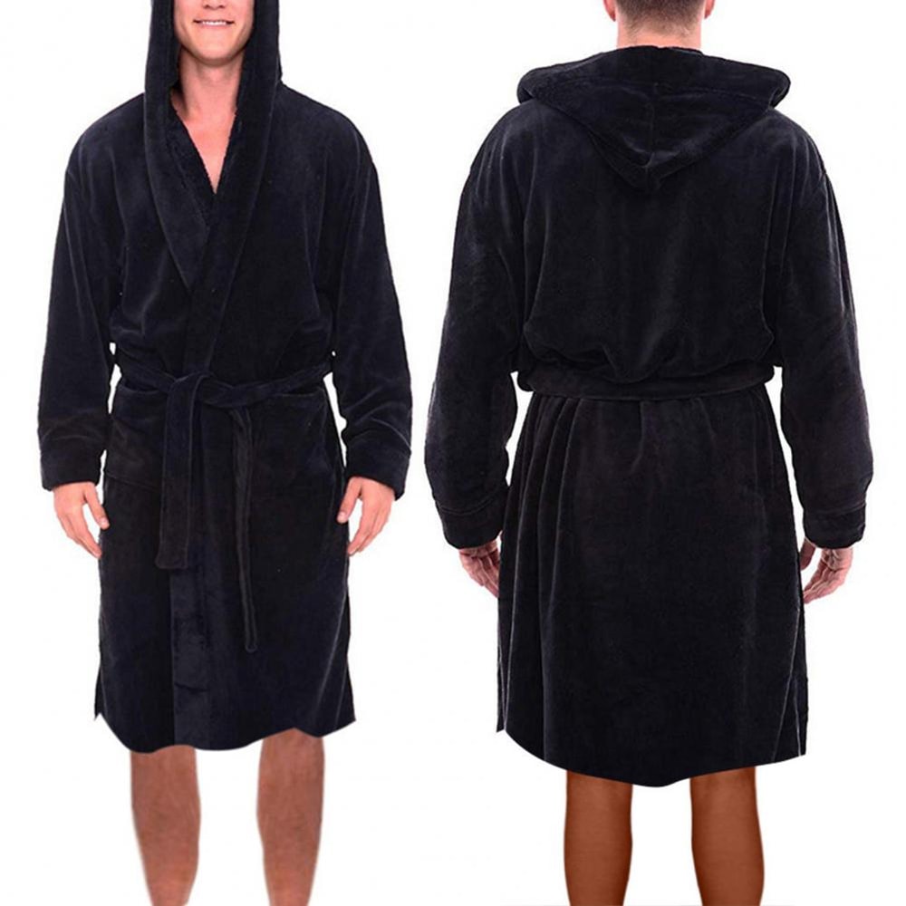Hooded Winter Fleece Gown with Long Sleeve, Solid Color Home Sleepwear, Belt & Pockets