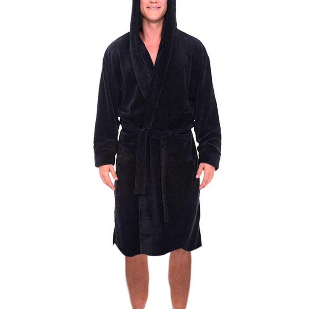 Hooded Winter Fleece Gown with Long Sleeve, Solid Color Home Sleepwear, Belt & Pockets