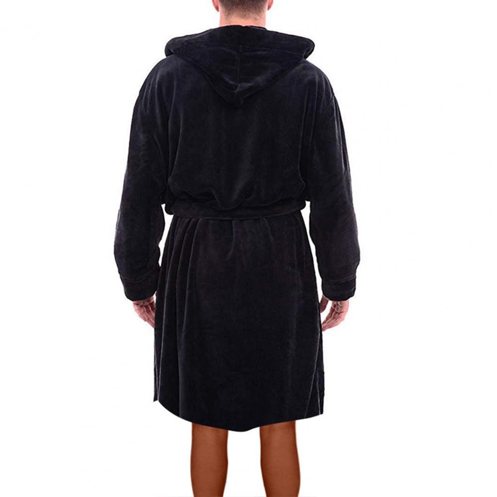 Hooded Winter Fleece Gown with Long Sleeve, Solid Color Home Sleepwear, Belt & Pockets