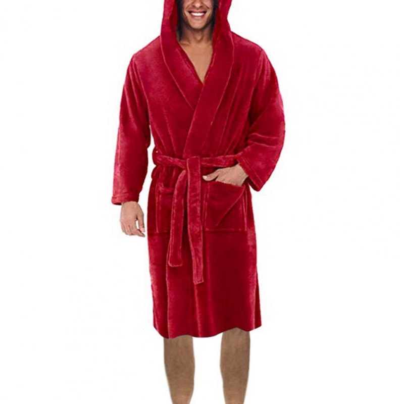 Hooded Winter Fleece Gown with Long Sleeve, Solid Color Home Sleepwear, Belt & Pockets