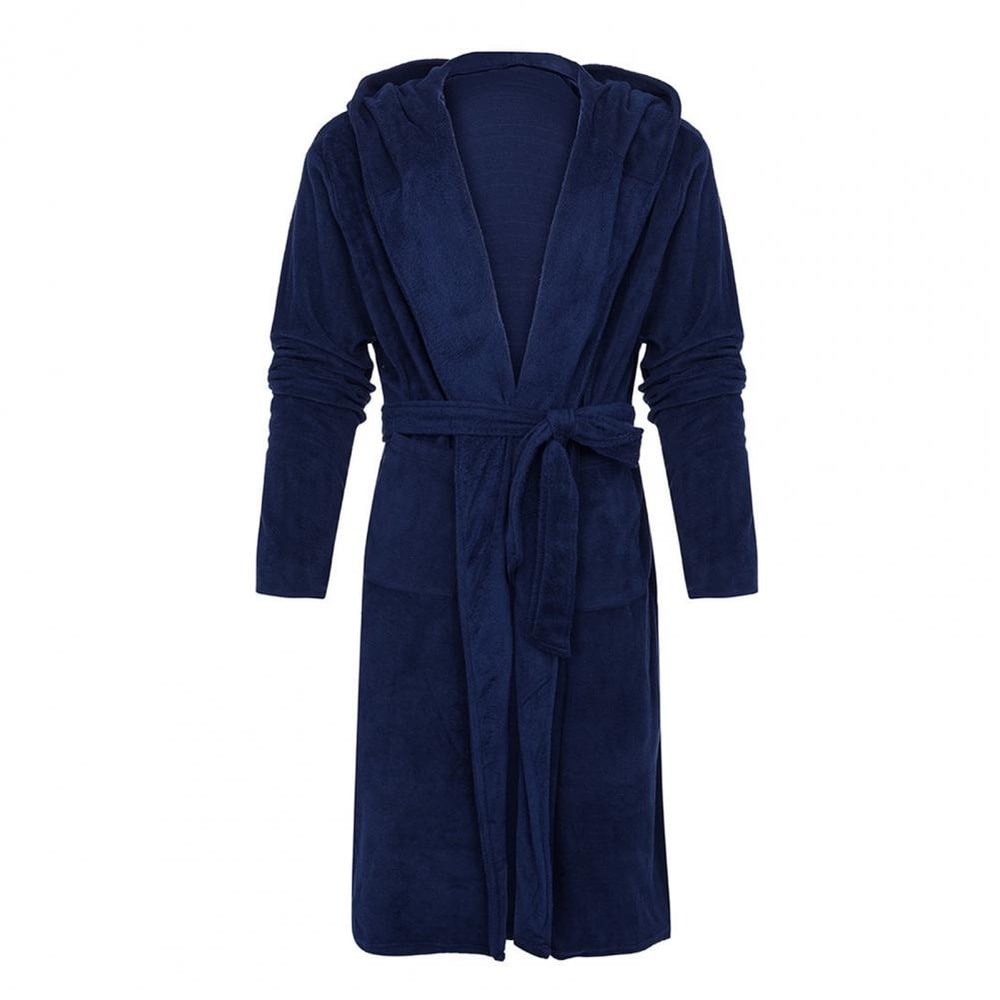 Hooded Winter Fleece Gown with Long Sleeve, Solid Color Home Sleepwear, Belt & Pockets