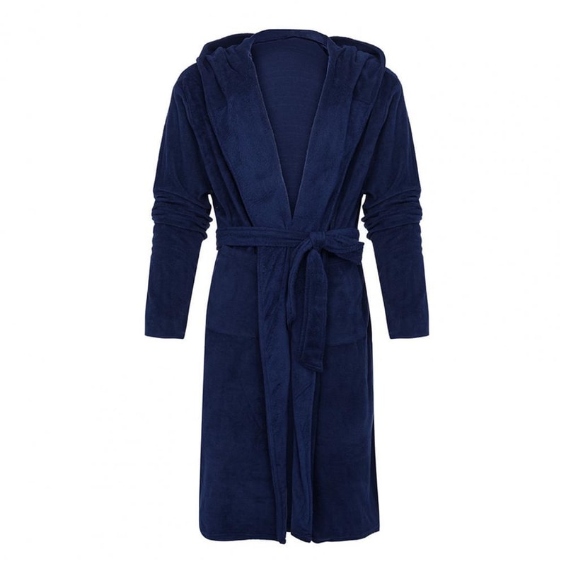 Hooded Winter Fleece Gown with Long Sleeve, Solid Color Home Sleepwear, Belt & Pockets