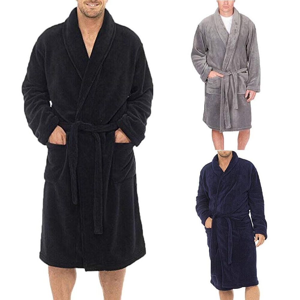 Men Winter Robes, Warm Plush Shawl Bathrobe, Lengthened Home Sleepwear Coat
