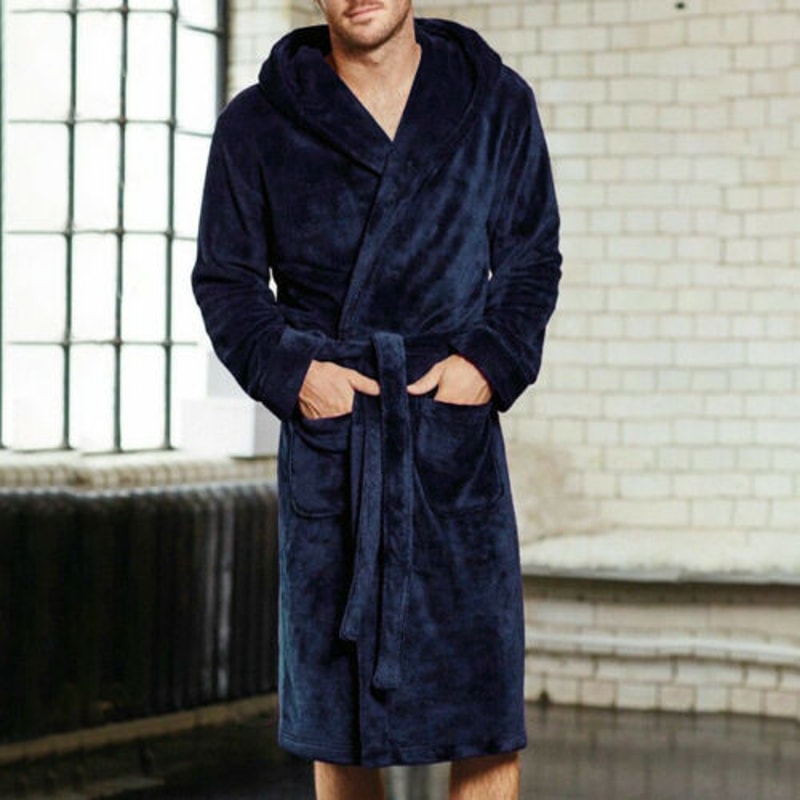 Men Winter Robes, Warm Plush Shawl Bathrobe, Lengthened Home Sleepwear Coat