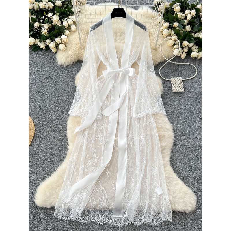 Lace Up Solid Long Sleeve Robes, Elegant Sheer Cardigan Long Robes Female, Fashion Women Transparent Lace Sensual Robes