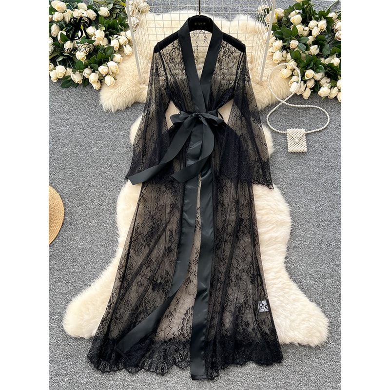 Lace Up Solid Long Sleeve Robes, Elegant Sheer Cardigan Long Robes Female, Fashion Women Transparent Lace Sensual Robes