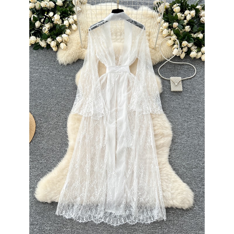Lace Up Solid Long Sleeve Robes, Elegant Sheer Cardigan Long Robes Female, Fashion Women Transparent Lace Sensual Robes