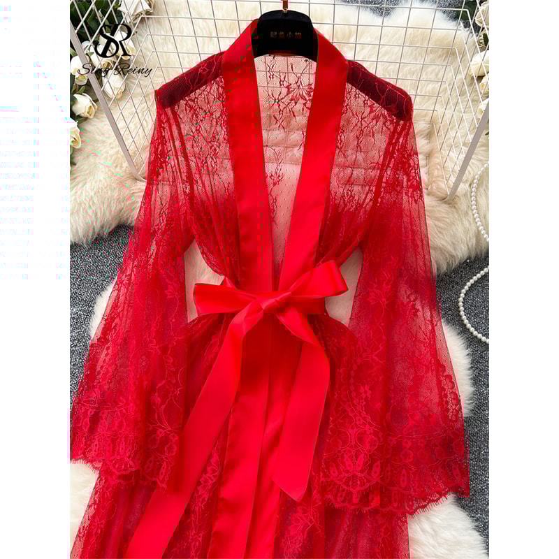 Lace Up Solid Long Sleeve Robes, Elegant Sheer Cardigan Long Robes Female, Fashion Women Transparent Lace Sensual Robes
