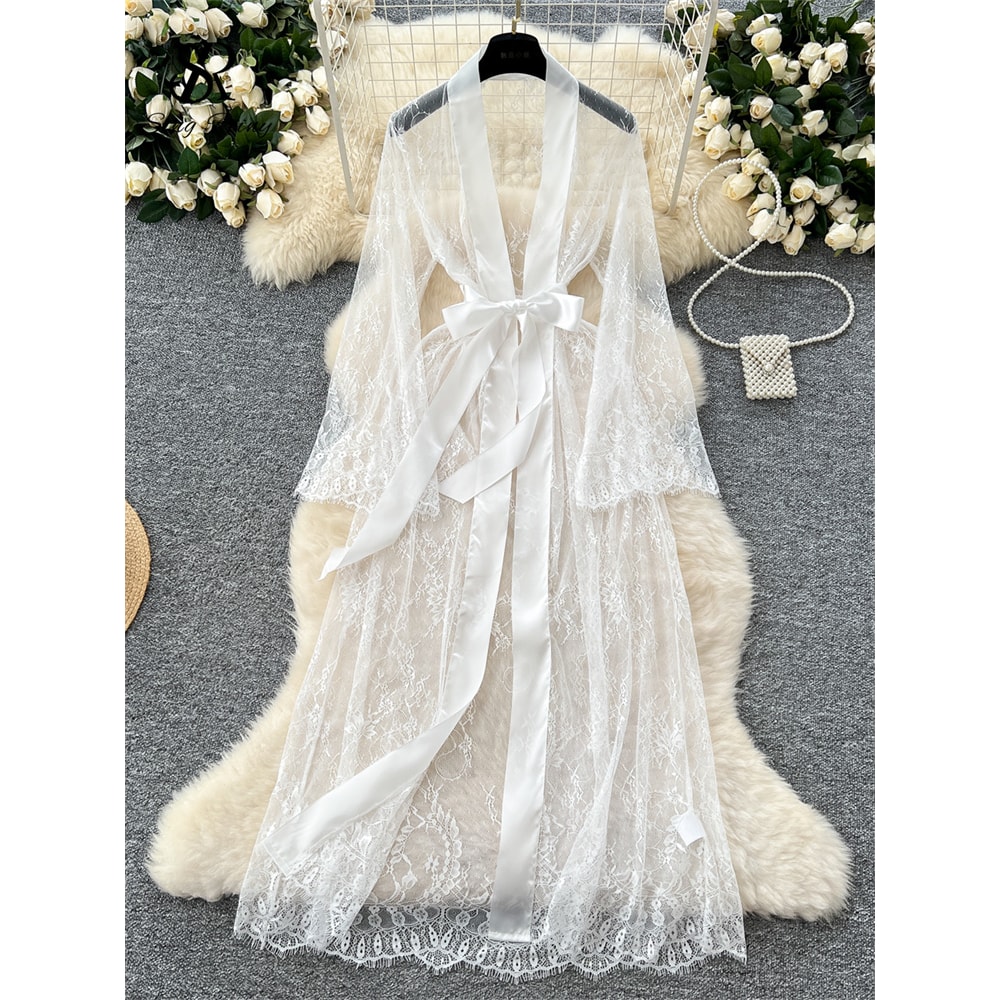 Lace Up Solid Long Sleeve Robes, Elegant Sheer Cardigan Long Robes Female, Fashion Women Transparent Lace Sensual Robes