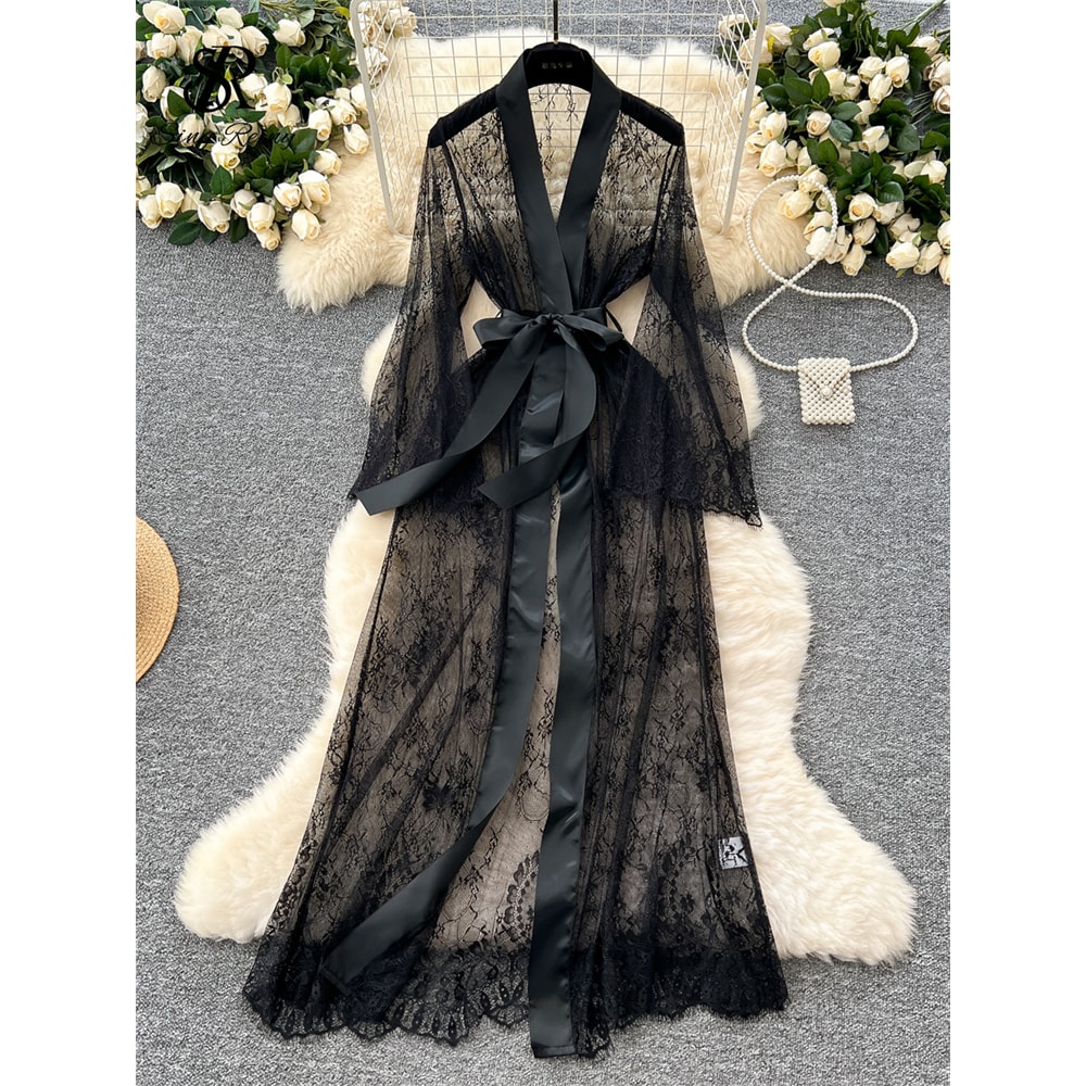 Lace Up Solid Long Sleeve Robes, Elegant Sheer Cardigan Long Robes Female, Fashion Women Transparent Lace Sensual Robes