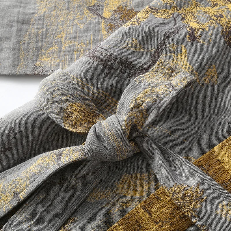 Jacquard Thin Printed Robes with Belt for Men, Medium Length Summer Pajamas, Breathable Bathrobe