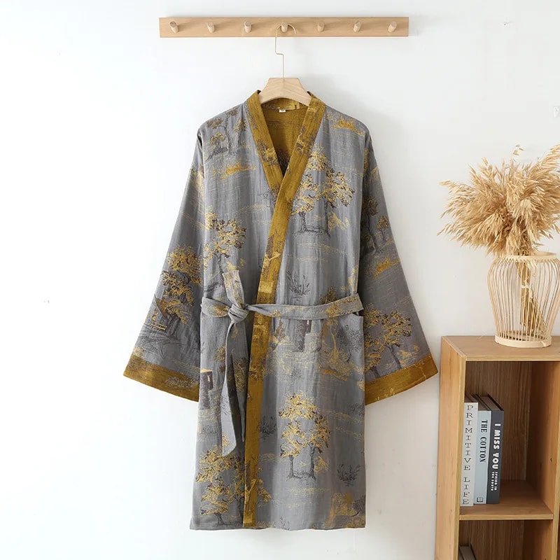 Jacquard Thin Printed Robes with Belt for Men, Medium Length Summer Pajamas, Breathable Bathrobe