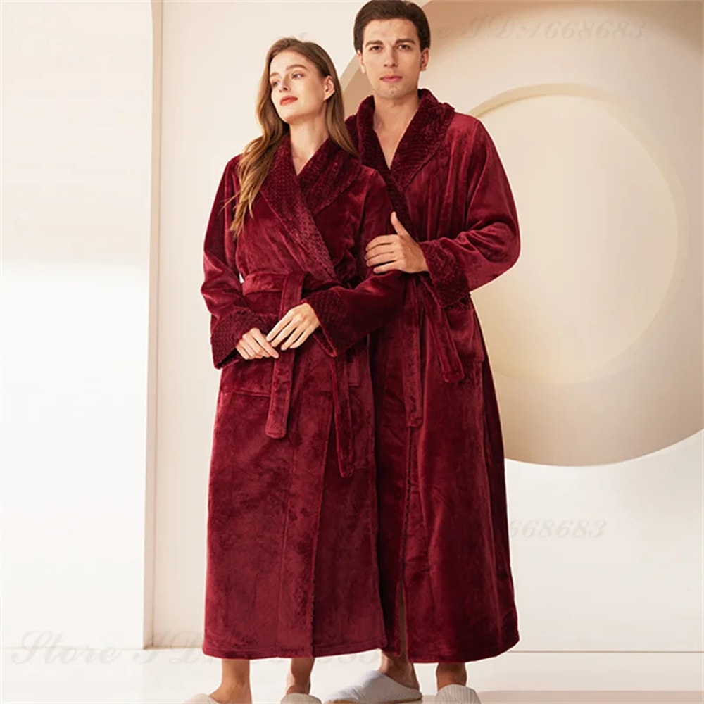Men's Kimono Bathrobe Gown, Coral Fleece Sleepwear, Thicken Warm Flannel Couple's Long Robe for Home Lounge Wear