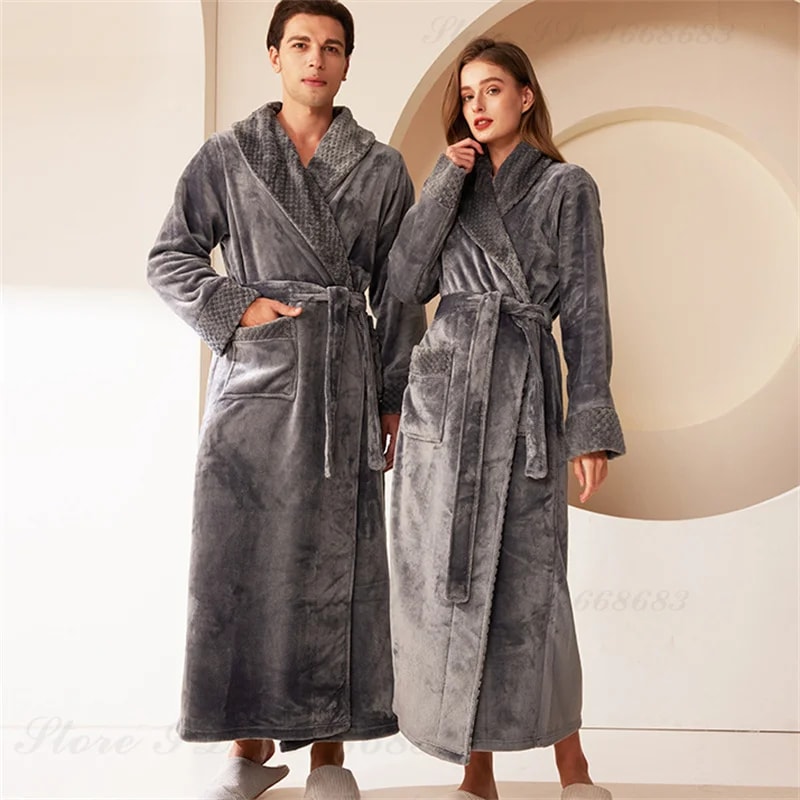 Men's Kimono Bathrobe Gown, Coral Fleece Sleepwear, Thicken Warm Flannel Couple's Long Robe for Home Lounge Wear