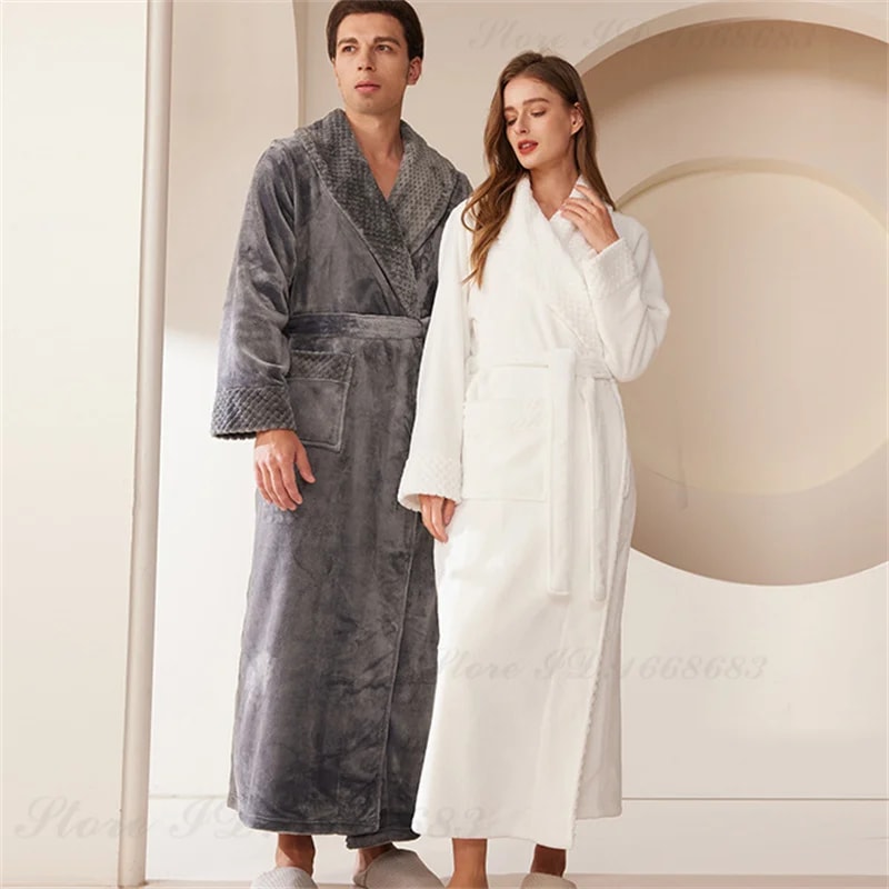 Men's Kimono Bathrobe Gown, Coral Fleece Sleepwear, Thicken Warm Flannel Couple's Long Robe for Home Lounge Wear