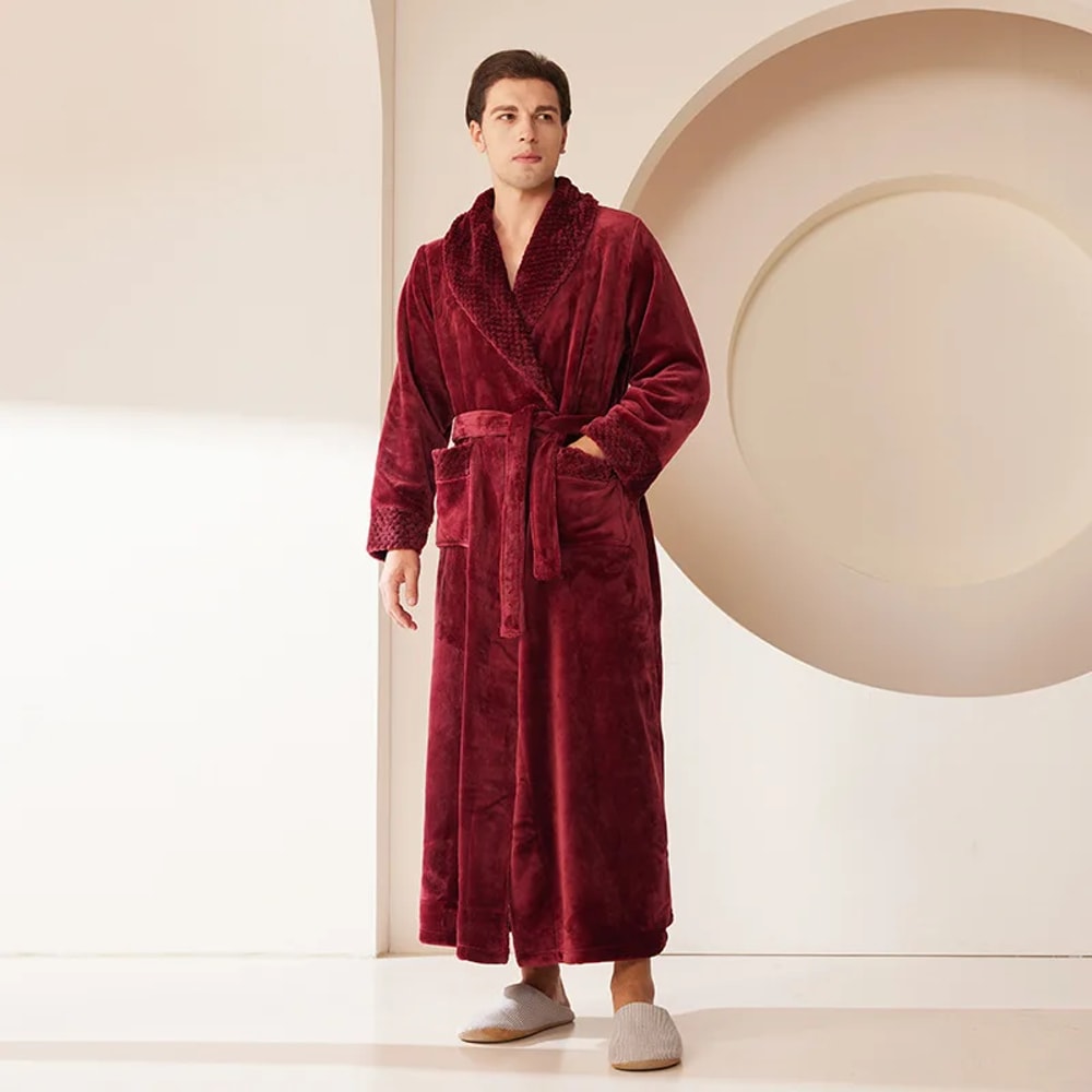 Men's Kimono Bathrobe Gown, Coral Fleece Sleepwear, Thicken Warm Flannel Couple's Long Robe for Home Lounge Wear