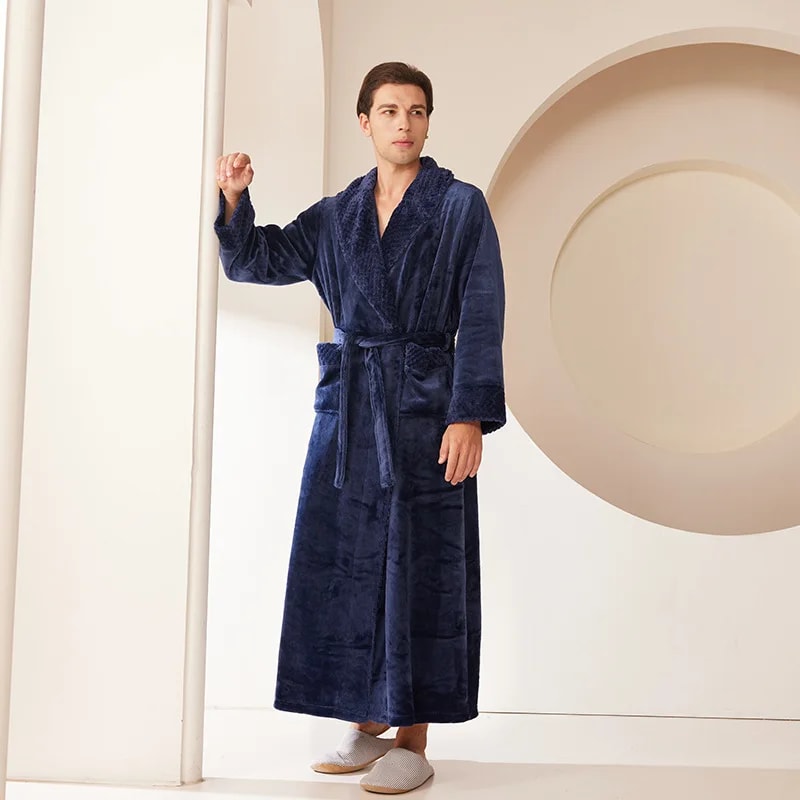 Men's Kimono Bathrobe Gown, Coral Fleece Sleepwear, Thicken Warm Flannel Couple's Long Robe for Home Lounge Wear