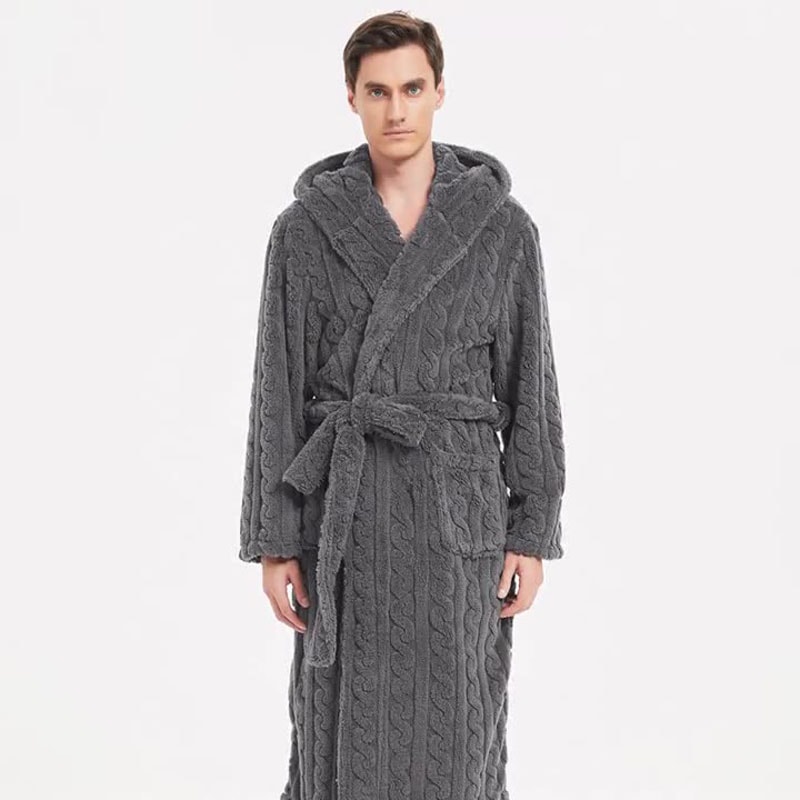Men's Fall and Winter Warm Robe, Hooded Thickened Couple Robe, Shu Cotton Velvet Jacquard Pajamas Homewear