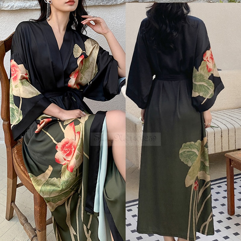 Sexy Print Flower Kimono Bathrobe Gown, New Spring Summer Female Long Robe Nightgown, Casual Silk Satin Home Dress Loung