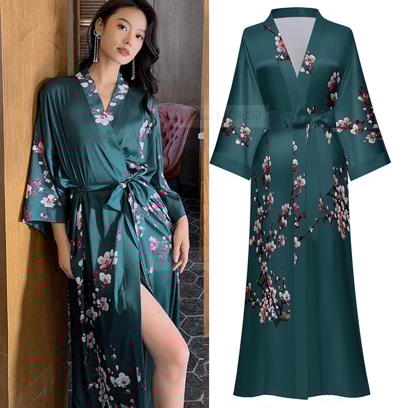Sexy Print Flower Kimono Bathrobe Gown, New Spring Summer Female Long Robe Nightgown, Casual Silk Satin Home Dress Loung