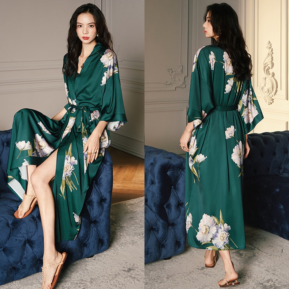 Sexy Print Flower Kimono Bathrobe Gown, New Spring Summer Female Long Robe Nightgown, Casual Silk Satin Home Dress Loung