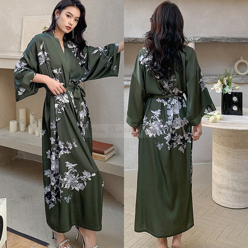 Sexy Print Flower Kimono Bathrobe Gown, New Spring Summer Female Long Robe Nightgown, Casual Silk Satin Home Dress Loung