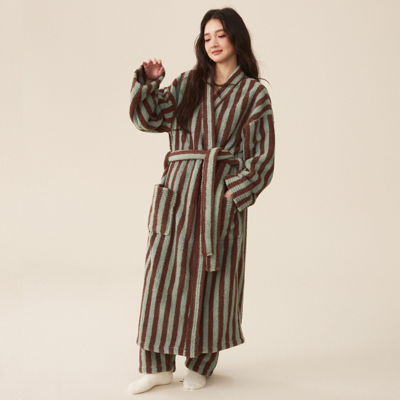Autumn Winter Couple Bathrobe Set, Coral Velvet Thickened Flannel Pajamas for Men and Women, Striped Lengthed Home Cloth