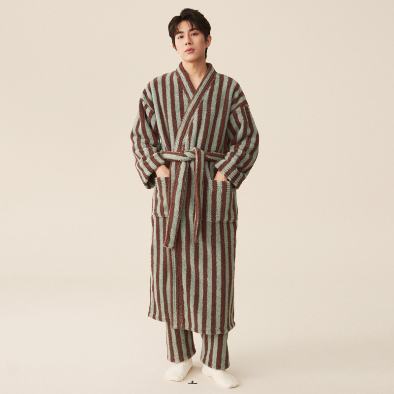 Autumn Winter Couple Bathrobe Set, Coral Velvet Thickened Flannel Pajamas for Men and Women, Striped Lengthed Home Cloth