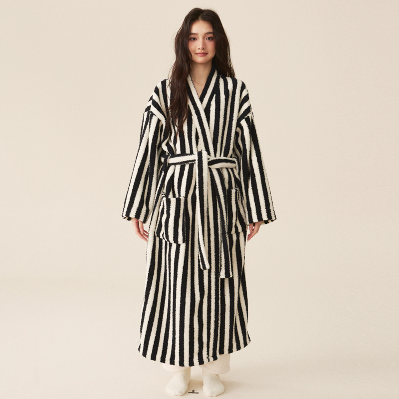 Autumn Winter Couple Bathrobe Set, Coral Velvet Thickened Flannel Pajamas for Men and Women, Striped Lengthed Home Cloth