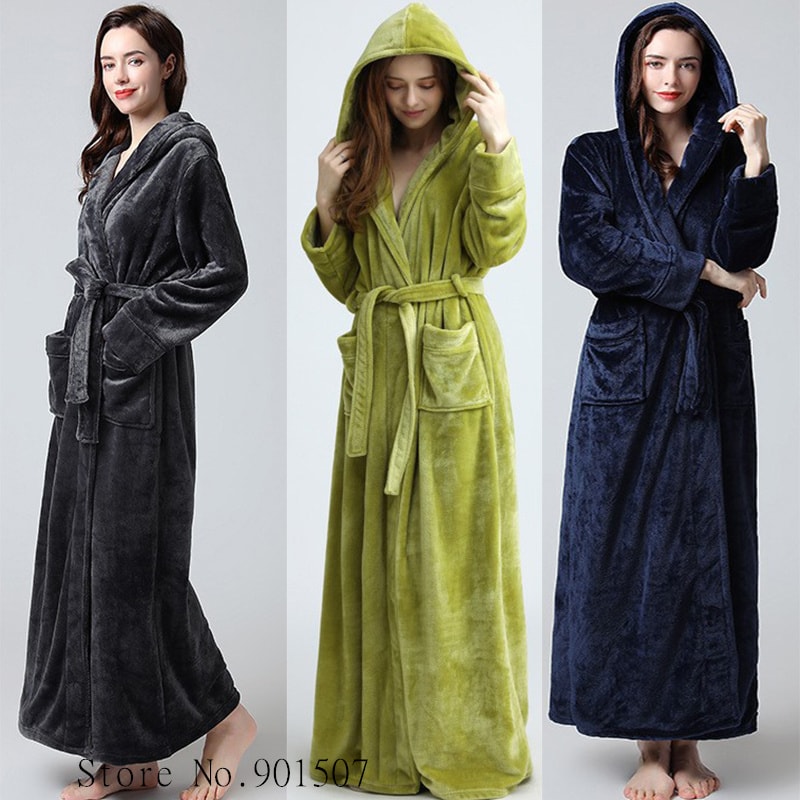 Women Extra Long Winter Coral Fleece Bathrobe, Hooded Cozy Kimono Nightgown Peignoir