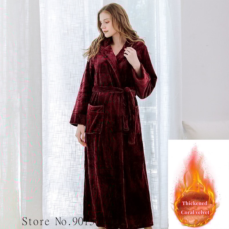 Women Extra Long Winter Coral Fleece Bathrobe, Hooded Cozy Kimono Nightgown Peignoir
