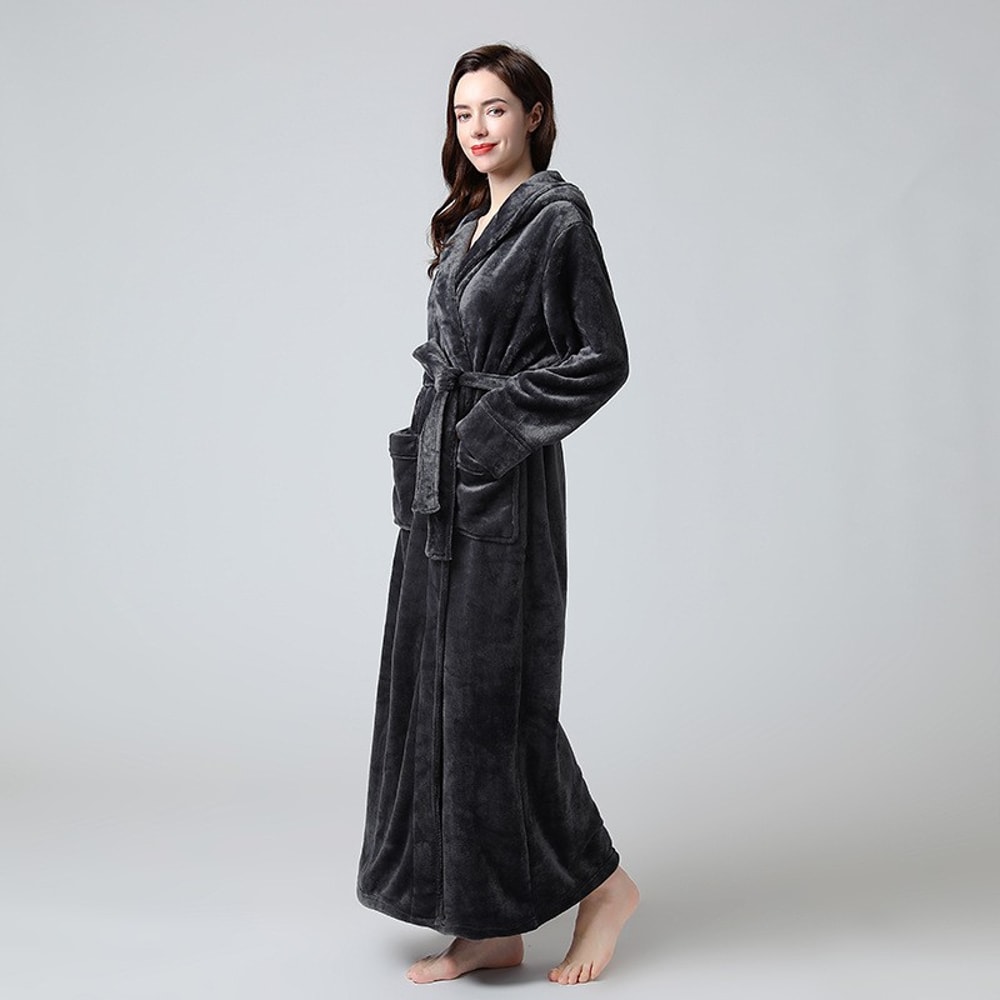 Women Extra Long Winter Coral Fleece Bathrobe, Hooded Cozy Kimono Nightgown Peignoir