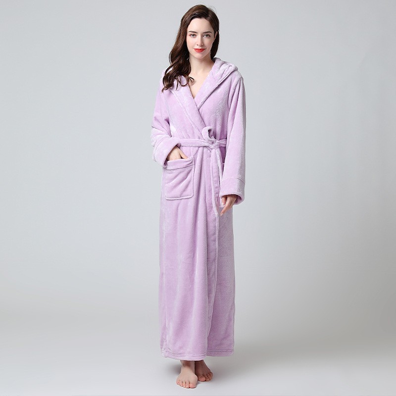 Women Extra Long Winter Coral Fleece Bathrobe, Hooded Cozy Kimono Nightgown Peignoir