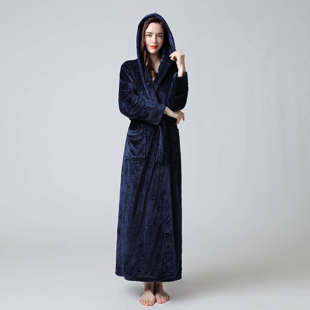 Women Extra Long Winter Coral Fleece Bathrobe, Hooded Cozy Kimono Nightgown Peignoir
