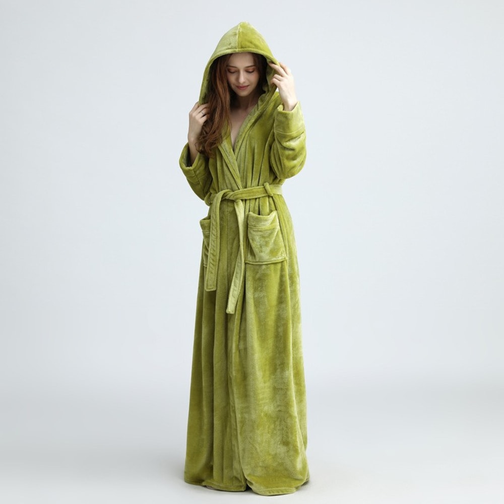 Women Extra Long Winter Coral Fleece Bathrobe, Hooded Cozy Kimono Nightgown Peignoir