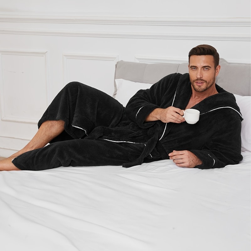 Flannel Luxury Open Weave Couples' Sleepwear, Men's Warm Cotton Bathrobe for Autumn and Winter