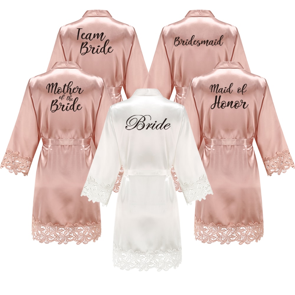 Wedding Bridesmaid Gift Satin Lace Robe, Rose Gold Bride Robe, Bridal Dressing Gown for Bachelorette Party