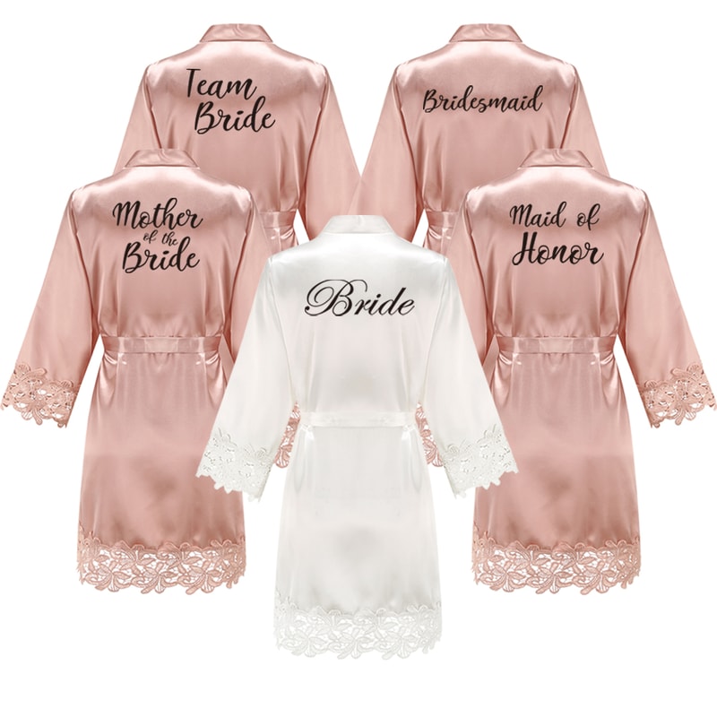 Wedding Bridesmaid Gift Satin Lace Robe, Rose Gold Bride Robe, Bridal Dressing Gown for Bachelorette Party