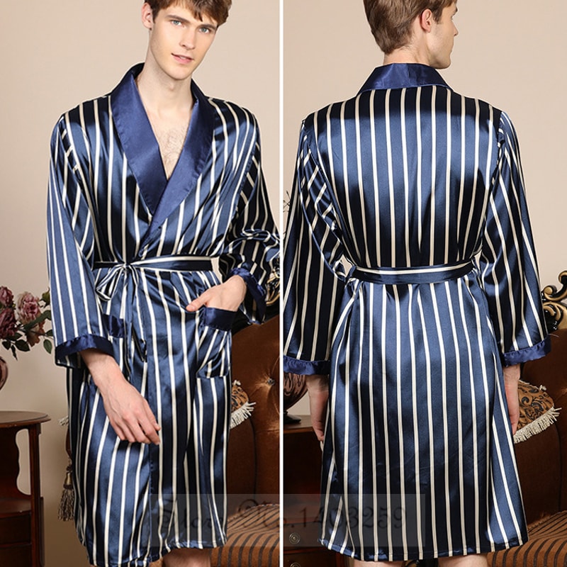 Navy Blue Stripe Men Kimono Bathrobe Gown Satin Sleepwear with Pocket Summer Lounge Wear