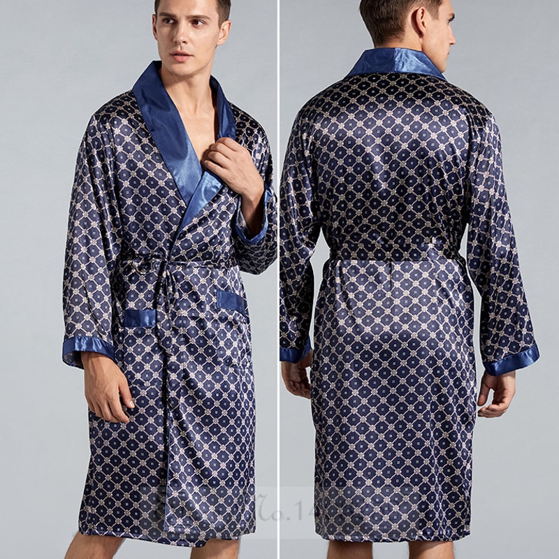 Navy Blue Stripe Men Kimono Bathrobe Gown Satin Sleepwear with Pocket Summer Lounge Wear