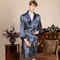 Navy Blue Stripe Men Kimono Bathrobe Gown Satin Sleepwear with Pocket Summer Lounge Wear