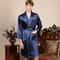 Navy Blue Stripe Men Kimono Bathrobe Gown Satin Sleepwear with Pocket Summer Lounge Wear
