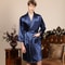 Navy Blue Stripe Men Kimono Bathrobe Gown Satin Sleepwear with Pocket Summer Lounge Wear