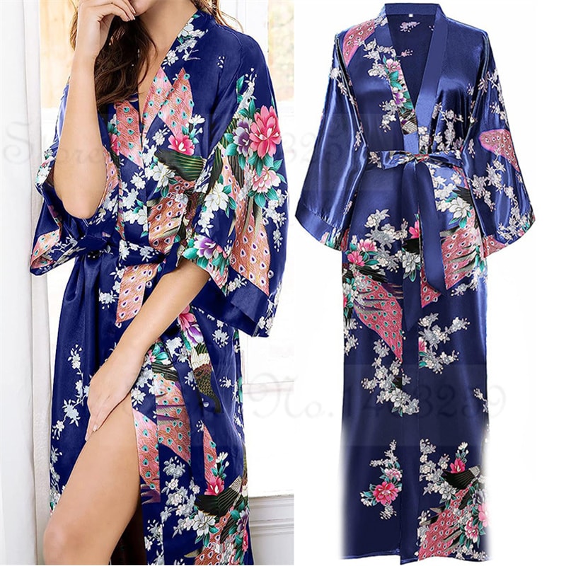 Peacock Print Satin Long Robe, Flower Kimono Bathrobe Gown for Women, Sleepwear Loungewear